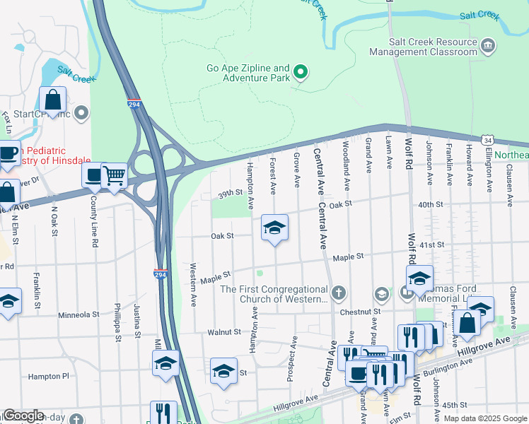 map of restaurants, bars, coffee shops, grocery stores, and more near 1332 Oak Street in Western Springs