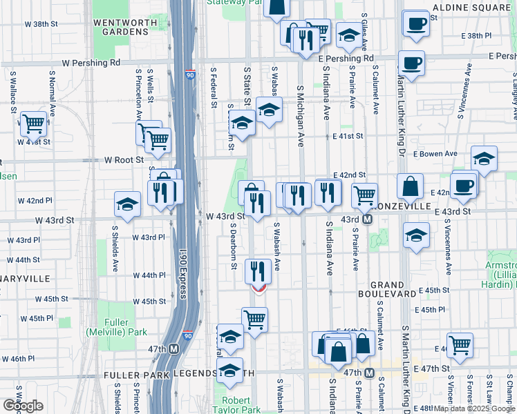 map of restaurants, bars, coffee shops, grocery stores, and more near 4249 South State Street in Chicago