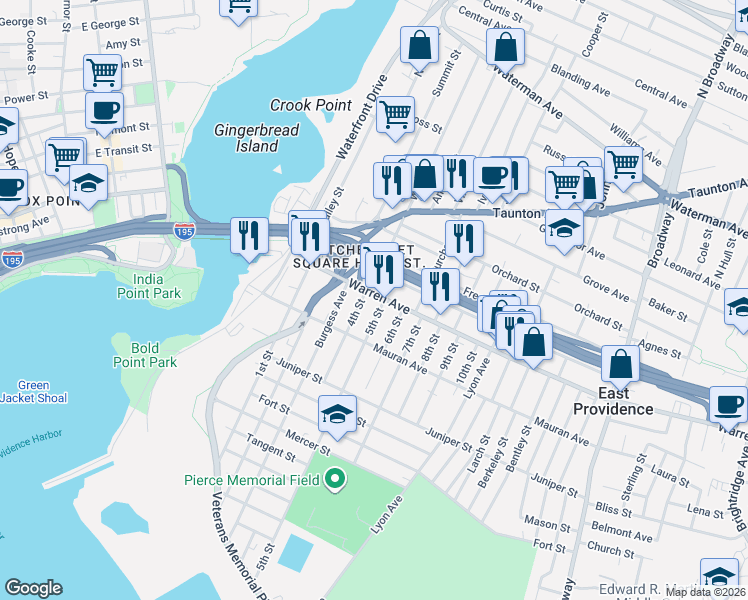 map of restaurants, bars, coffee shops, grocery stores, and more near 89 Warren Avenue in East Providence