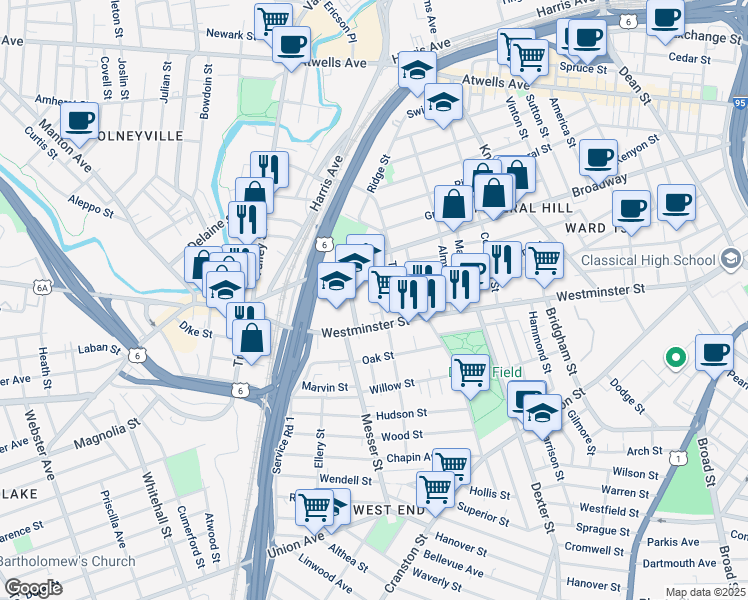 map of restaurants, bars, coffee shops, grocery stores, and more near 49 Bainbridge Avenue in Providence