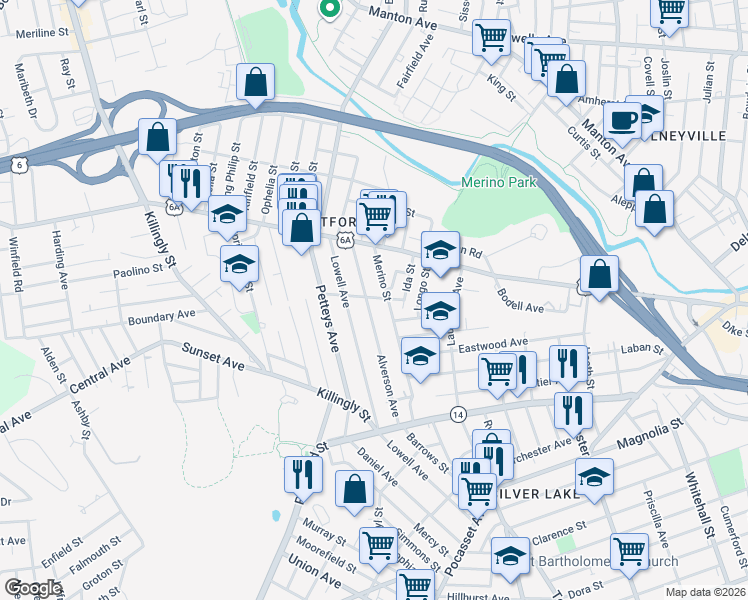 map of restaurants, bars, coffee shops, grocery stores, and more near 115 Merino Street in Providence
