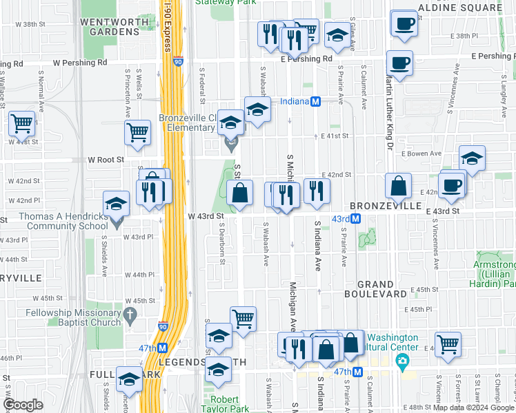 map of restaurants, bars, coffee shops, grocery stores, and more near 4249 South State Street in Chicago
