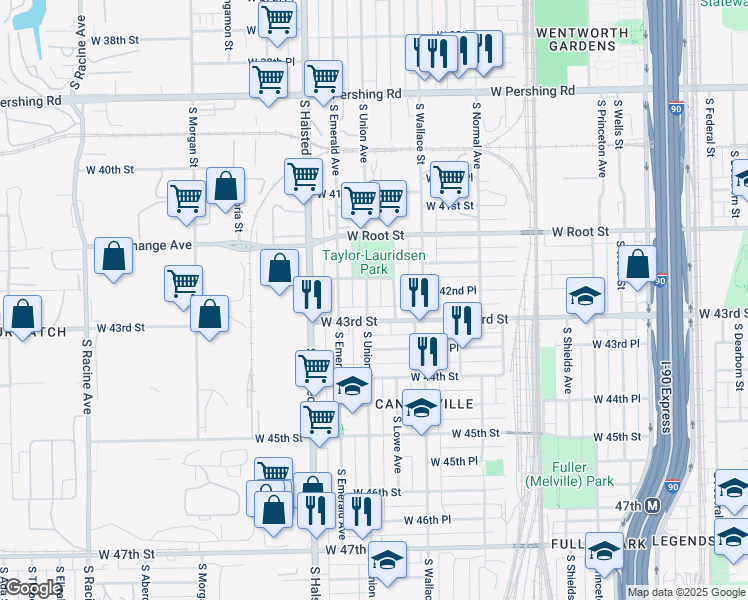 map of restaurants, bars, coffee shops, grocery stores, and more near 4222 South Union Avenue in Chicago