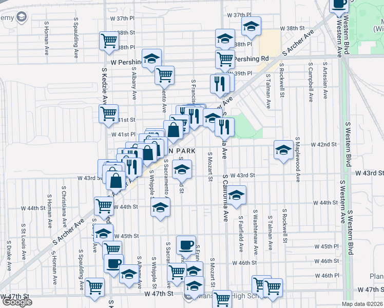 map of restaurants, bars, coffee shops, grocery stores, and more near 2911 West 42nd Street in Chicago