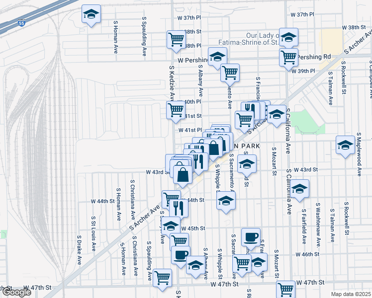 map of restaurants, bars, coffee shops, grocery stores, and more near 3143 West 42nd Street in Chicago