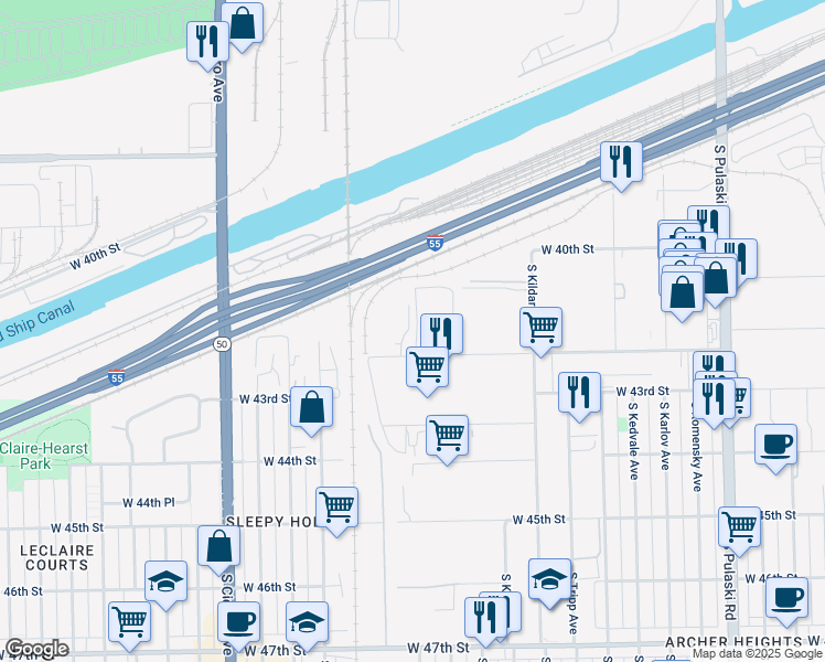 map of restaurants, bars, coffee shops, grocery stores, and more near 4500 West 42nd Place in Chicago