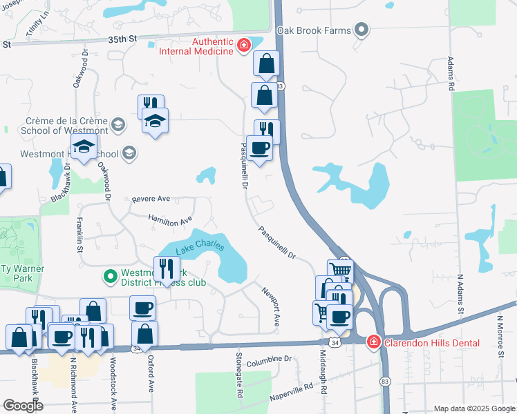 map of restaurants, bars, coffee shops, grocery stores, and more near 855 Pasquinelli Drive in Westmont