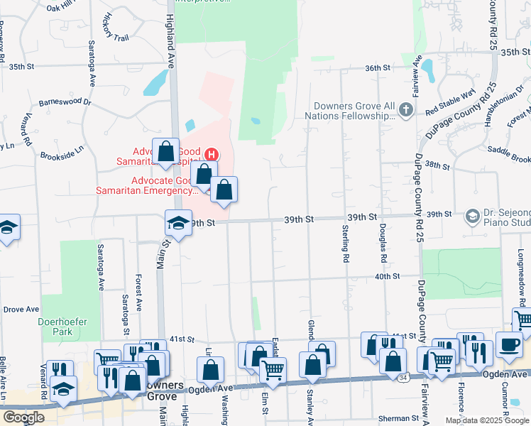 map of restaurants, bars, coffee shops, grocery stores, and more near 726 39th Street in Downers Grove