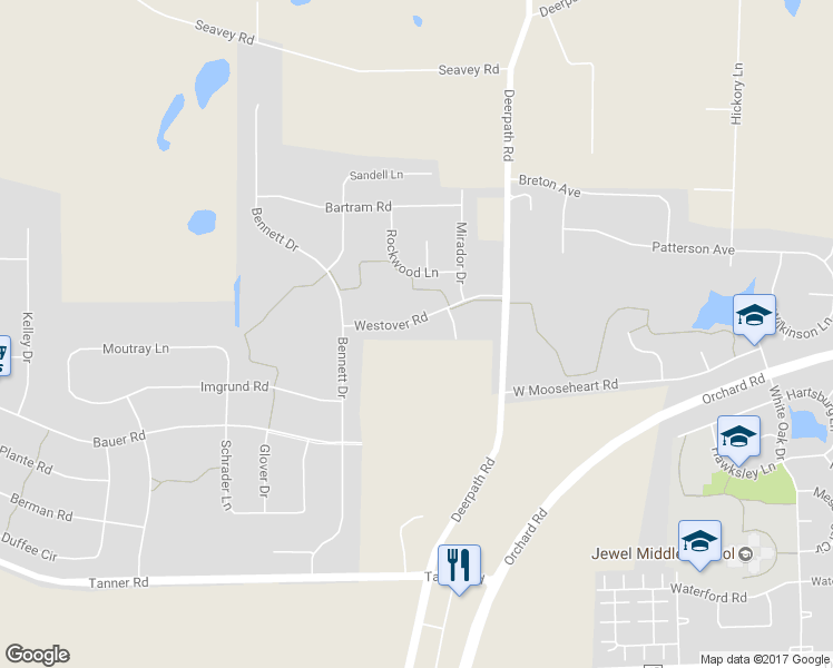 map of restaurants, bars, coffee shops, grocery stores, and more near 2056 Westover Road in North Aurora