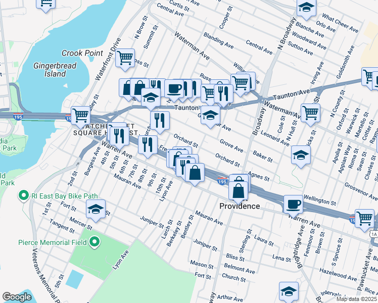map of restaurants, bars, coffee shops, grocery stores, and more near 14 Lyon Avenue in East Providence