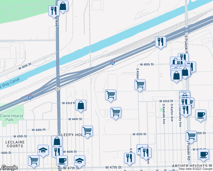 map of restaurants, bars, coffee shops, grocery stores, and more near 4510 West Ann Lurie Place in Chicago