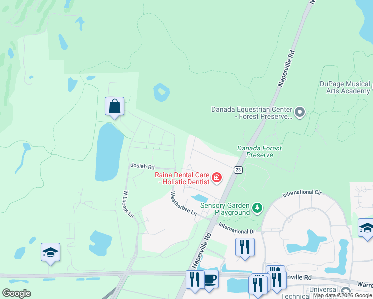 map of restaurants, bars, coffee shops, grocery stores, and more near 3S672 Delles Rd in Naperville