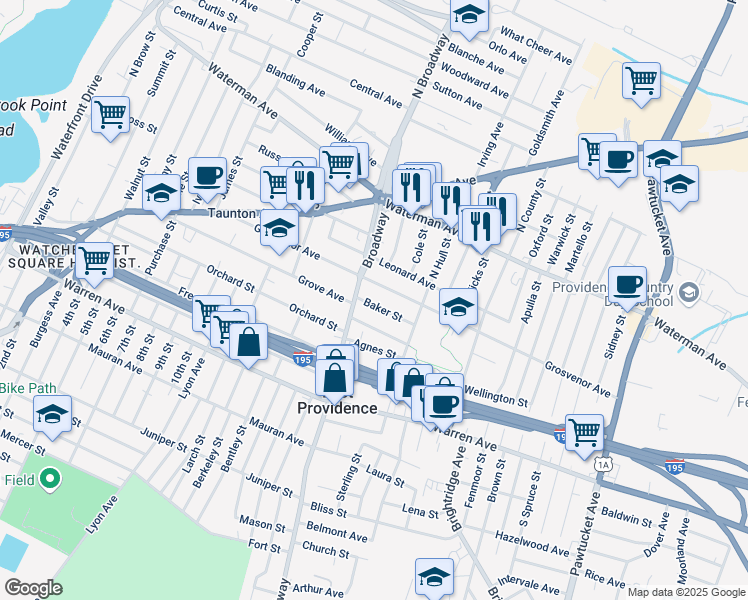 map of restaurants, bars, coffee shops, grocery stores, and more near 18 Baker Street in East Providence