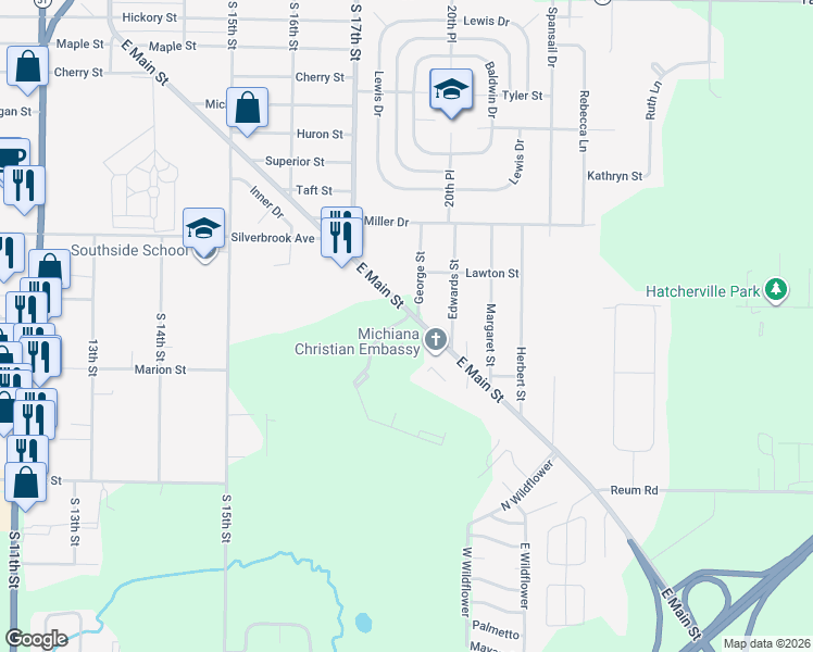 map of restaurants, bars, coffee shops, grocery stores, and more near 1900 East Main Street in Niles