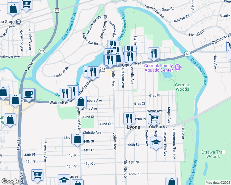 map of restaurants, bars, coffee shops, grocery stores, and more near 4103 Collins Avenue in Lyons