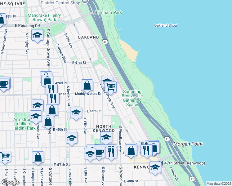 map of restaurants, bars, coffee shops, grocery stores, and more near E 43rd St & S Oakenwald Ave in Chicago