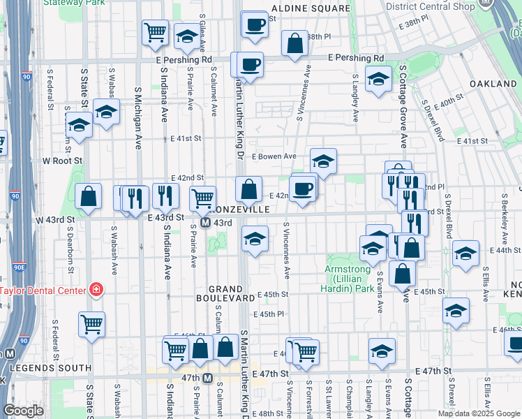 map of restaurants, bars, coffee shops, grocery stores, and more near 440 East 43rd Street in Chicago
