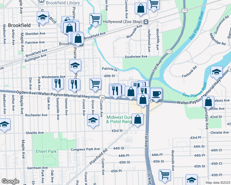map of restaurants, bars, coffee shops, grocery stores, and more near 4044 Konrad Avenue in Lyons