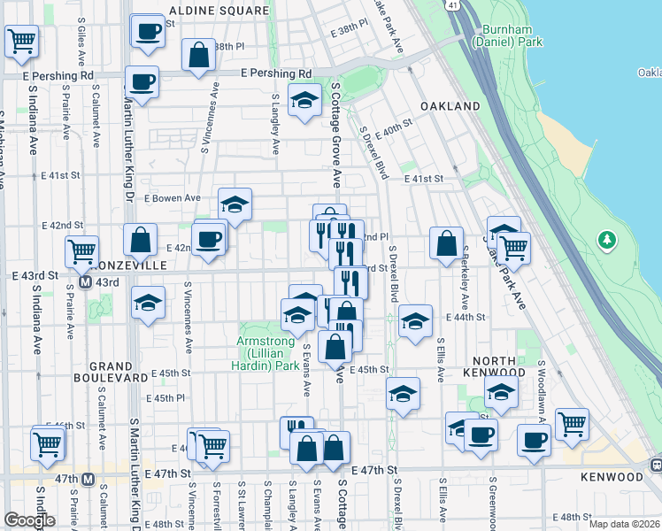 map of restaurants, bars, coffee shops, grocery stores, and more near 750 East 43rd Street in Chicago