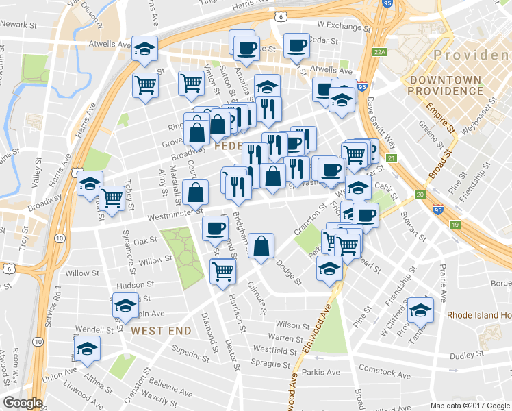 map of restaurants, bars, coffee shops, grocery stores, and more near 36 Westminster Street in Providence