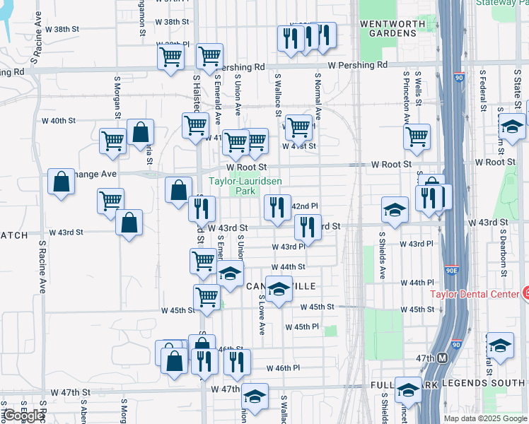 map of restaurants, bars, coffee shops, grocery stores, and more near 4221 South Lowe Avenue in Chicago
