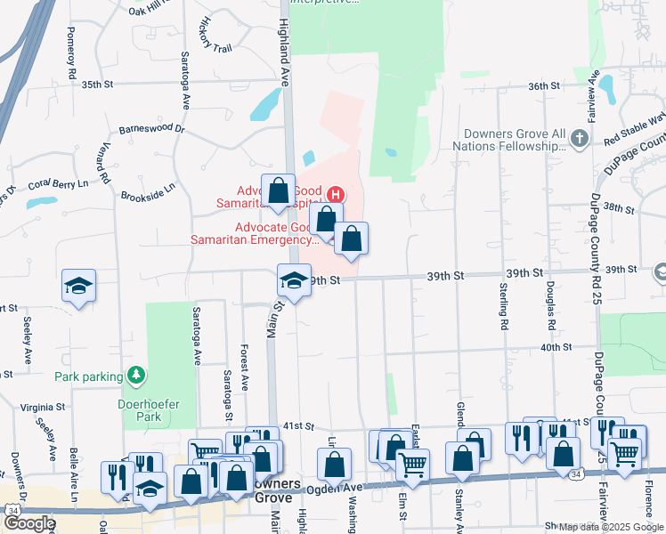 map of restaurants, bars, coffee shops, grocery stores, and more near 3815 Highland Avenue in Downers Grove
