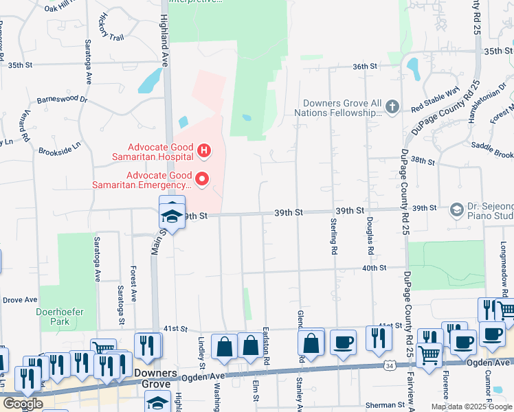 map of restaurants, bars, coffee shops, grocery stores, and more near 726 39th Street in Downers Grove