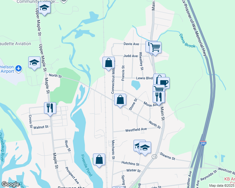 map of restaurants, bars, coffee shops, grocery stores, and more near 139 Morin Avenue in Killingly