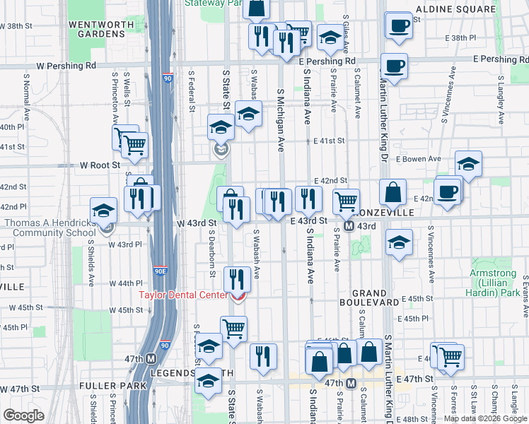 map of restaurants, bars, coffee shops, grocery stores, and more near 4247 South Wabash Avenue in Chicago