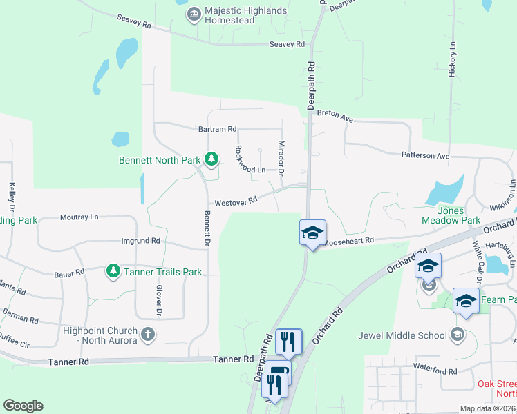 map of restaurants, bars, coffee shops, grocery stores, and more near 2056 Westover Road in North Aurora
