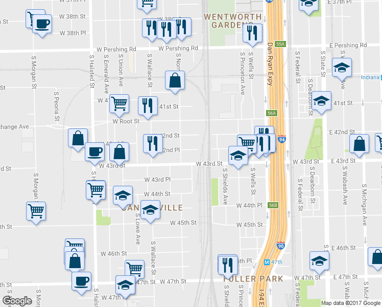 map of restaurants, bars, coffee shops, grocery stores, and more near 439 West 42nd Place in Chicago