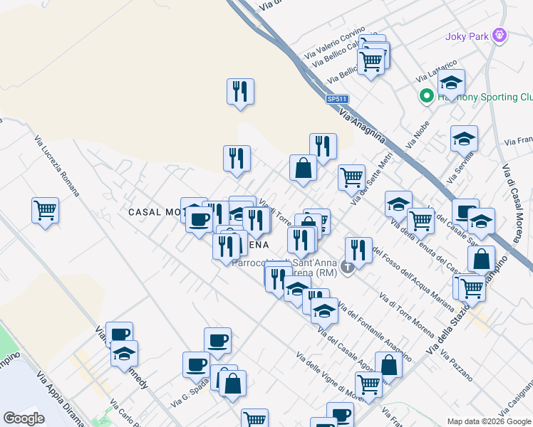 map of restaurants, bars, coffee shops, grocery stores, and more near 115 Via di Torre Morena in Roma