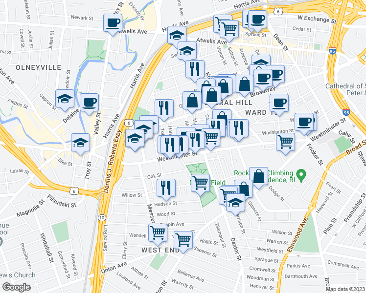 map of restaurants, bars, coffee shops, grocery stores, and more near 10 Almy Street in Providence