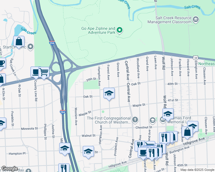 map of restaurants, bars, coffee shops, grocery stores, and more near 1332 Oak Street in Western Springs