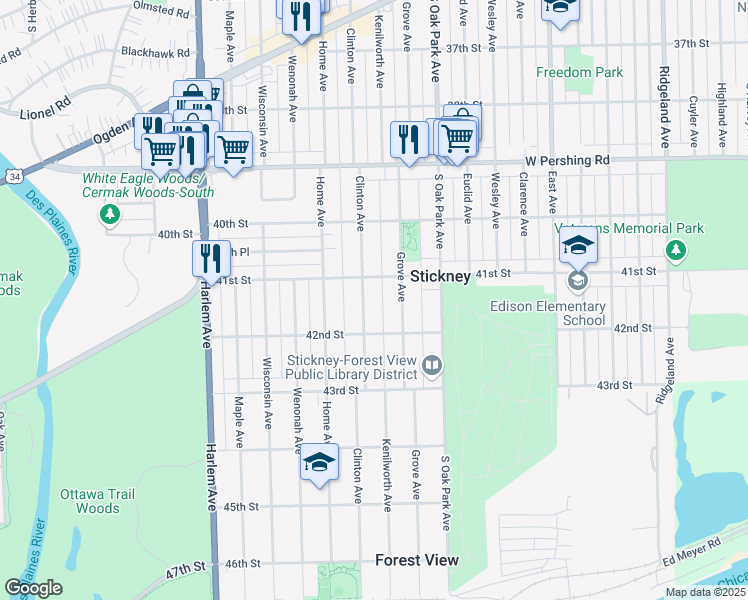 map of restaurants, bars, coffee shops, grocery stores, and more near 4121 Clinton Avenue in Berwyn