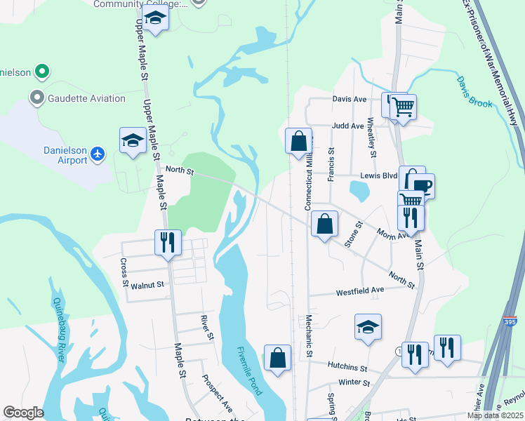 map of restaurants, bars, coffee shops, grocery stores, and more near 20 Athol Street in Killingly