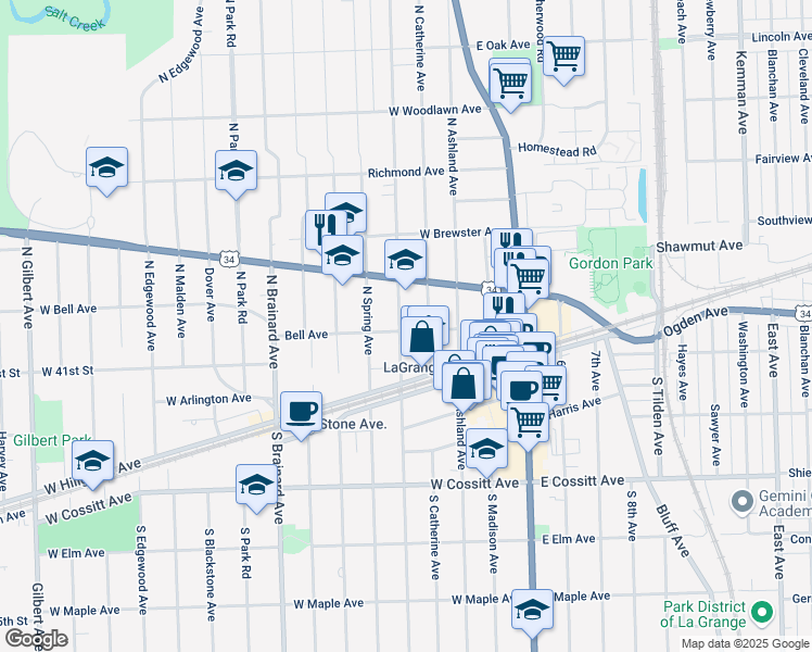 map of restaurants, bars, coffee shops, grocery stores, and more near 101 North Kensington Avenue in La Grange