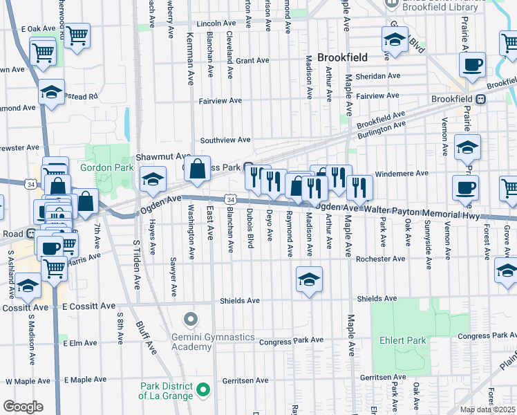map of restaurants, bars, coffee shops, grocery stores, and more near 9441 Ogden Avenue in Brookfield