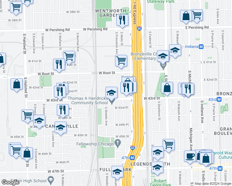 map of restaurants, bars, coffee shops, grocery stores, and more near 4241 South Princeton Avenue in Chicago