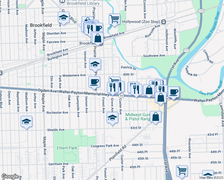 map of restaurants, bars, coffee shops, grocery stores, and more near 4042 Grove Avenue in Brookfield