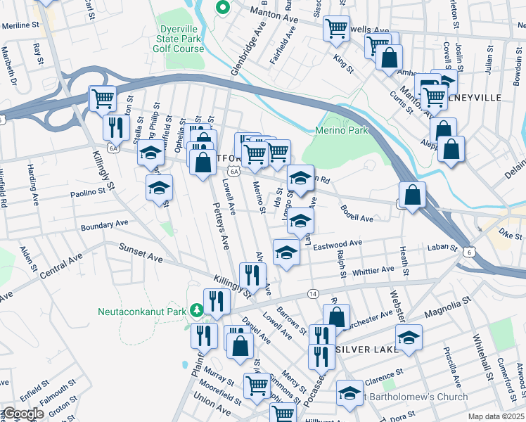 map of restaurants, bars, coffee shops, grocery stores, and more near 115 Merino Street in Providence