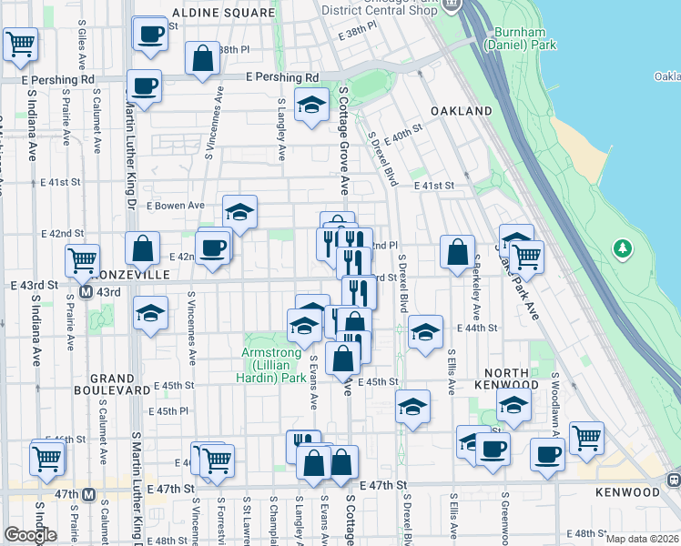 map of restaurants, bars, coffee shops, grocery stores, and more near 4251 South Evans Avenue in Chicago