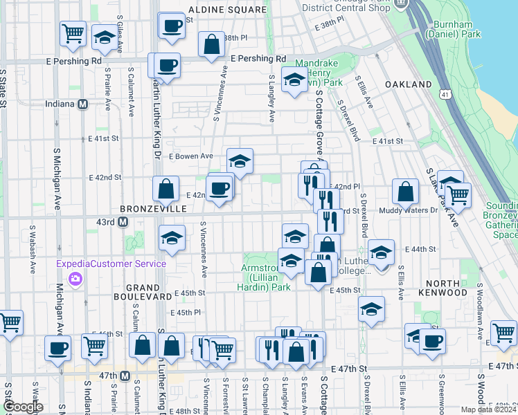 map of restaurants, bars, coffee shops, grocery stores, and more near 624 East 43rd Street in Chicago