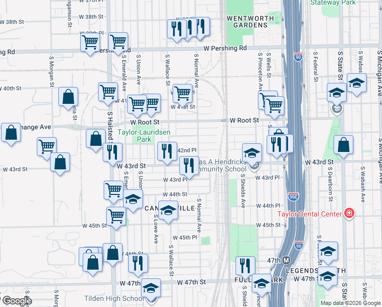 map of restaurants, bars, coffee shops, grocery stores, and more near 513 West 42nd Place in Chicago