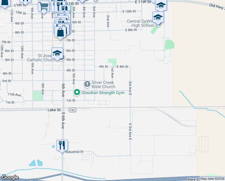 map of restaurants, bars, coffee shops, grocery stores, and more near 201 1st Avenue in DeWitt