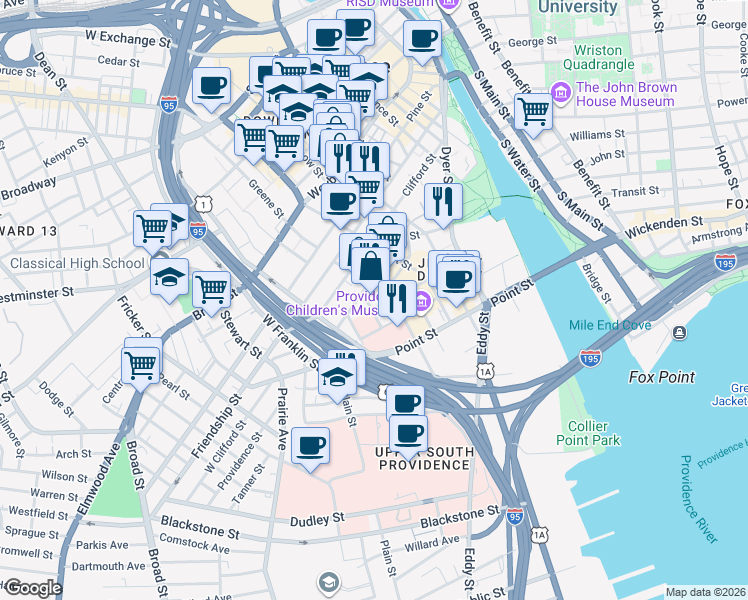 map of restaurants, bars, coffee shops, grocery stores, and more near 19 Imperial Place in Providence