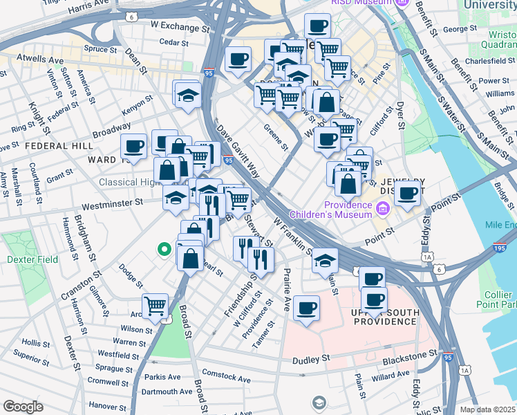map of restaurants, bars, coffee shops, grocery stores, and more near in Providence