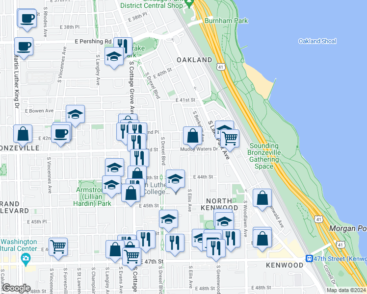 map of restaurants, bars, coffee shops, grocery stores, and more near 920 East 43rd Street in Chicago