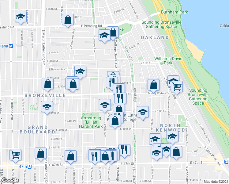 map of restaurants, bars, coffee shops, grocery stores, and more near 4251 South Evans Avenue in Chicago