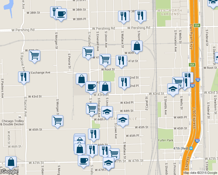 map of restaurants, bars, coffee shops, grocery stores, and more near 4222 South Union Avenue in Chicago